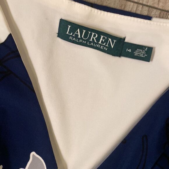 Navy Blue and Cream Ralph Lauren Size 14 Lined Polyester & Spandex Floral Dress - Picture 2 of 12